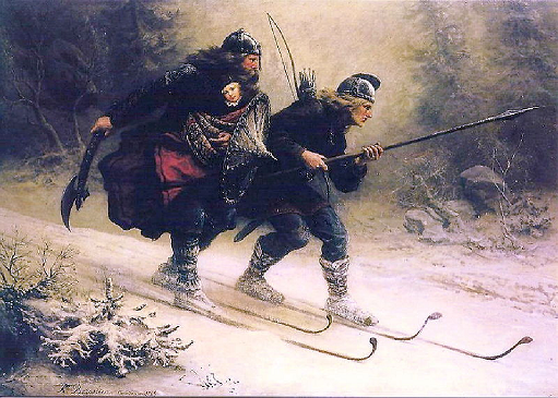 Fredrik Slaffe et Gjavald Gaute emportant le jeune Hakon IV de Norvge en suret - par Knud Bergslien peintre du XIXe sicle